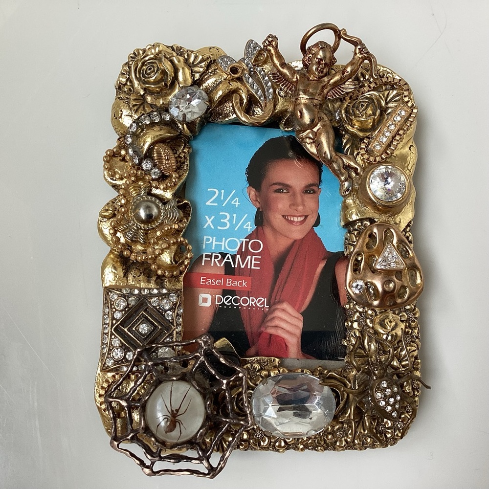 Gold spider and angel jeweled picture frame adorned with charms unique